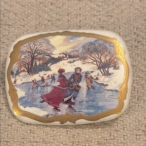 Currier & Ives • Vintage Porcelain Ice Skating Winter Scene Brooch